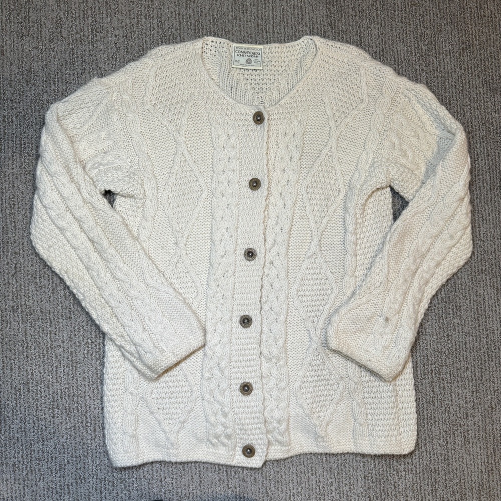 Connemara Womens S 100% Wool Cardigan Sweater Cable Knit Fisherman Ireland